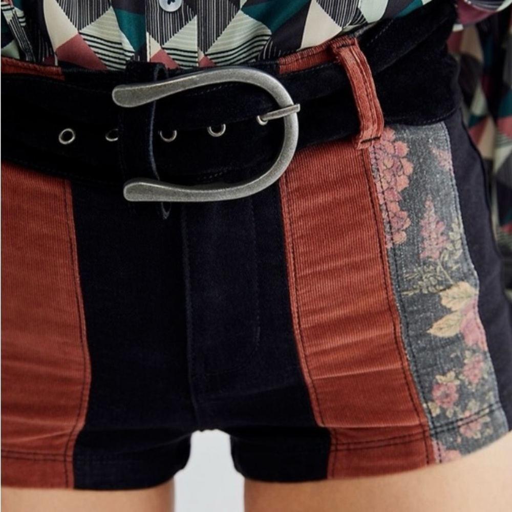 Free People Patchwork High Rise Corduroy Black Denim Shorts - Picture 2 of 8
